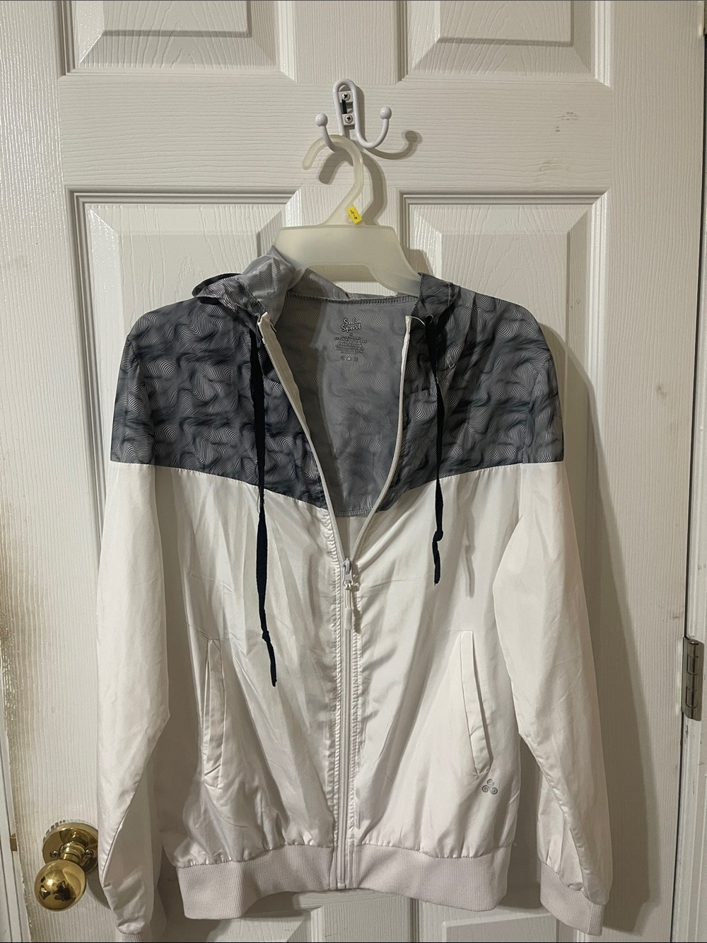 White Windbreaker Jacket with Gray Patterned Hood Panel